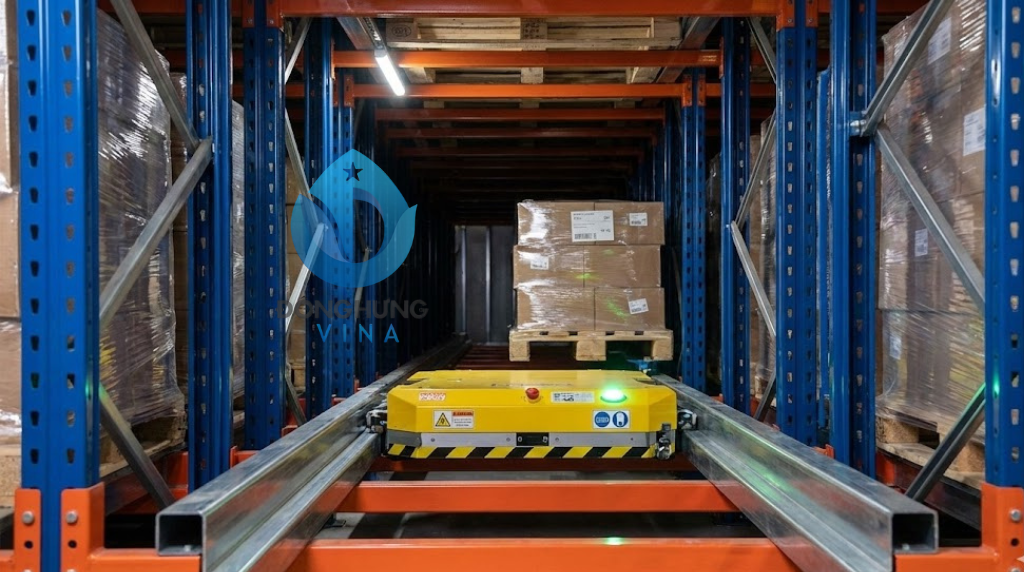 Cận cảnh Robot Shuttle đang di chuyển hàng hóa trong hệ thống kệ AS/RS