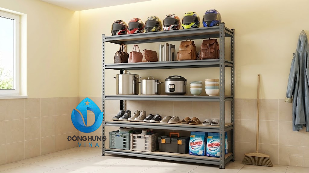 Hình ảnh thực tế kệ sắt V lỗ 4 tầng cao 1.5m