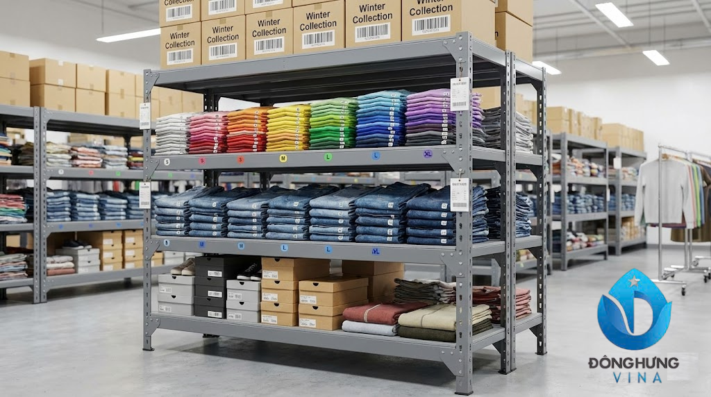 Hình ảnh thực tế kệ sắt V lỗ 5 tầng dài 1.5m cao 2m