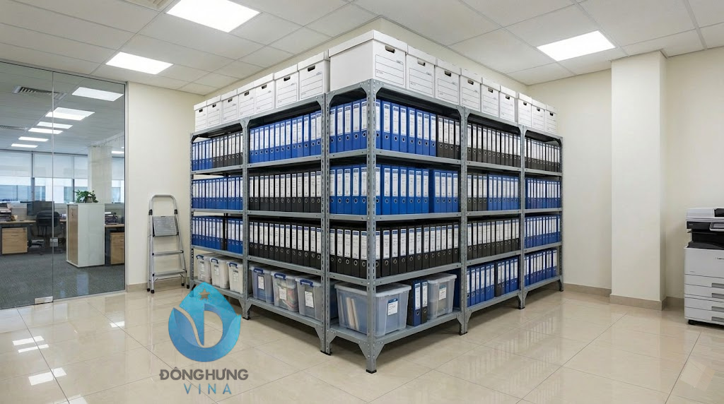 Hình ảnh thực tế kệ sắt V lỗ dài 1m2 cao 2m 5 tầng