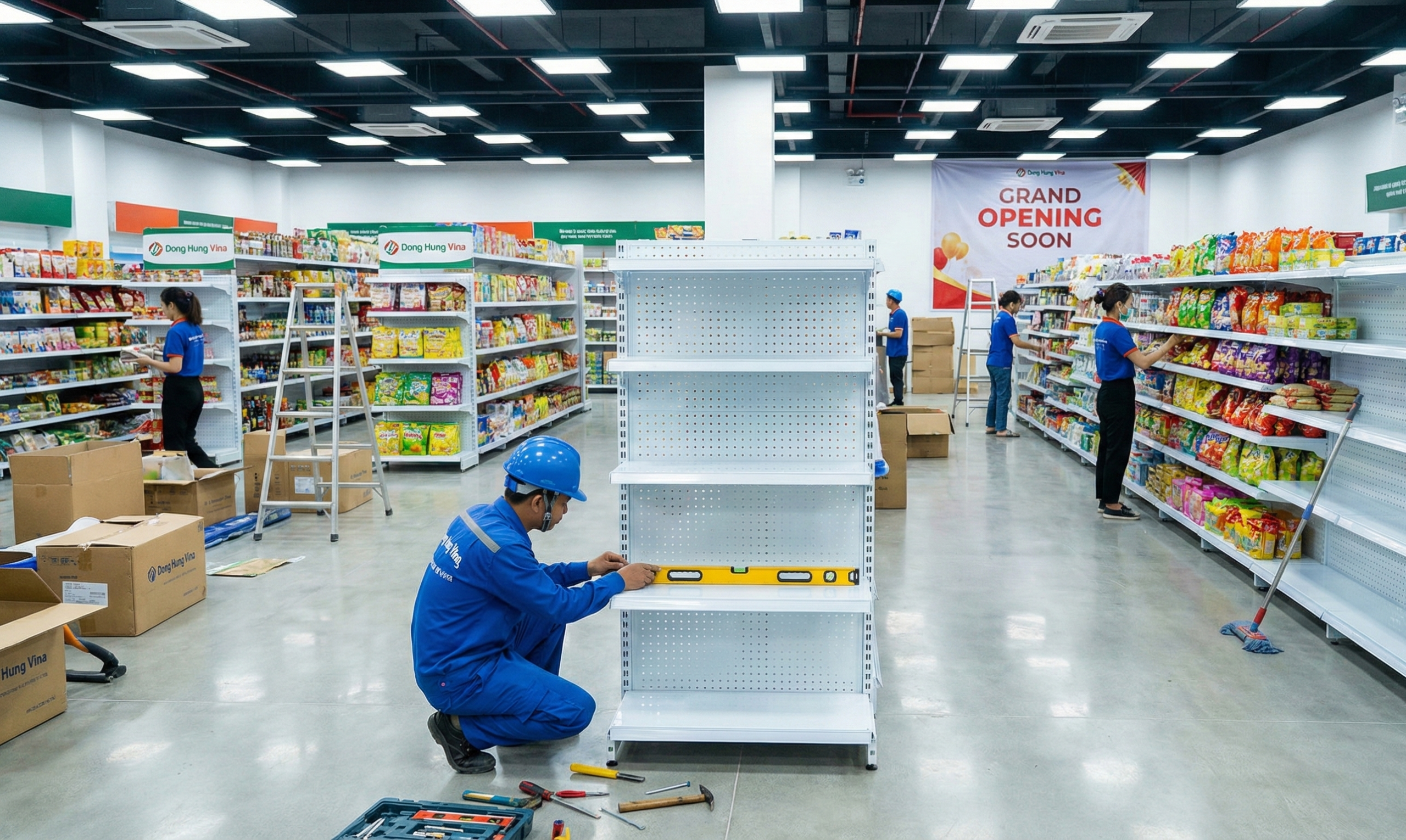 Hình ảnh thực tế thi công lắp đặt kệ siêu thị và kệ kho hàng